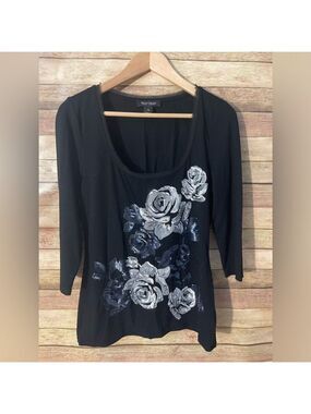 White House Black Market Women’s Black Silver Sequin Rose Stretch Shirt Medium